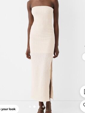 Bershka Cream Strapless Ribbed Maxi Dress with Side Slit